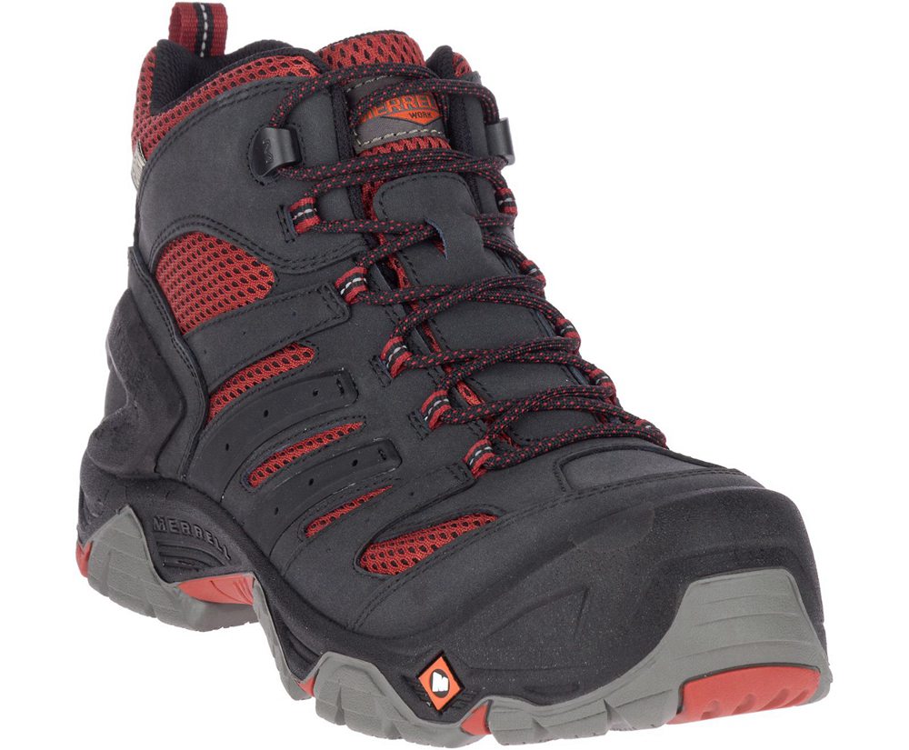Merrell Work Boots Black/Red - Strongfield Mid Waterproof Comp Toe - Mens 67MXAKZTS